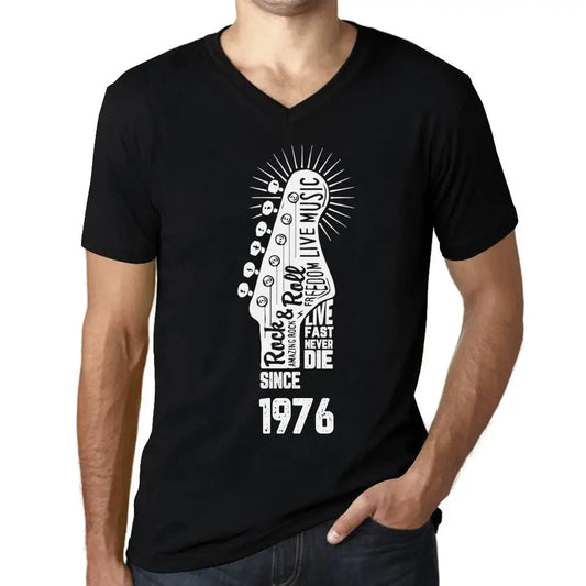 Men's Graphic T-Shirt V Neck Live Fast, Never Die Guitar and Rock & Roll Since 1976 48th Birthday Anniversary 48 Year Old Gift 1976 Vintage Eco-Friendly Short Sleeve Novelty Tee