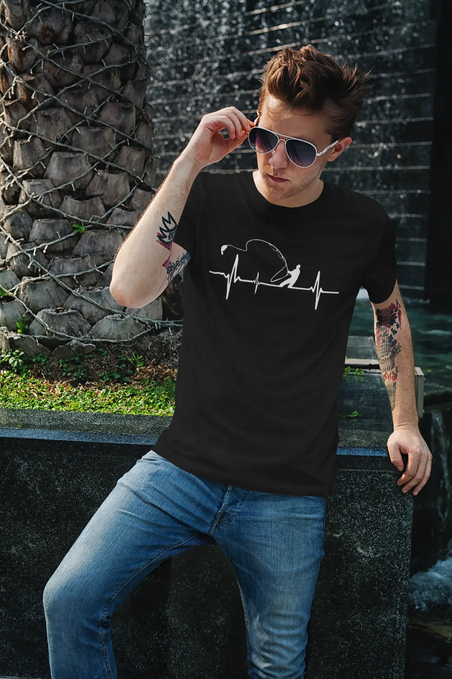 ULTRABASIC - White Graphic Printed Men's Fisherman
 Heartbeat T-Shirt Denim