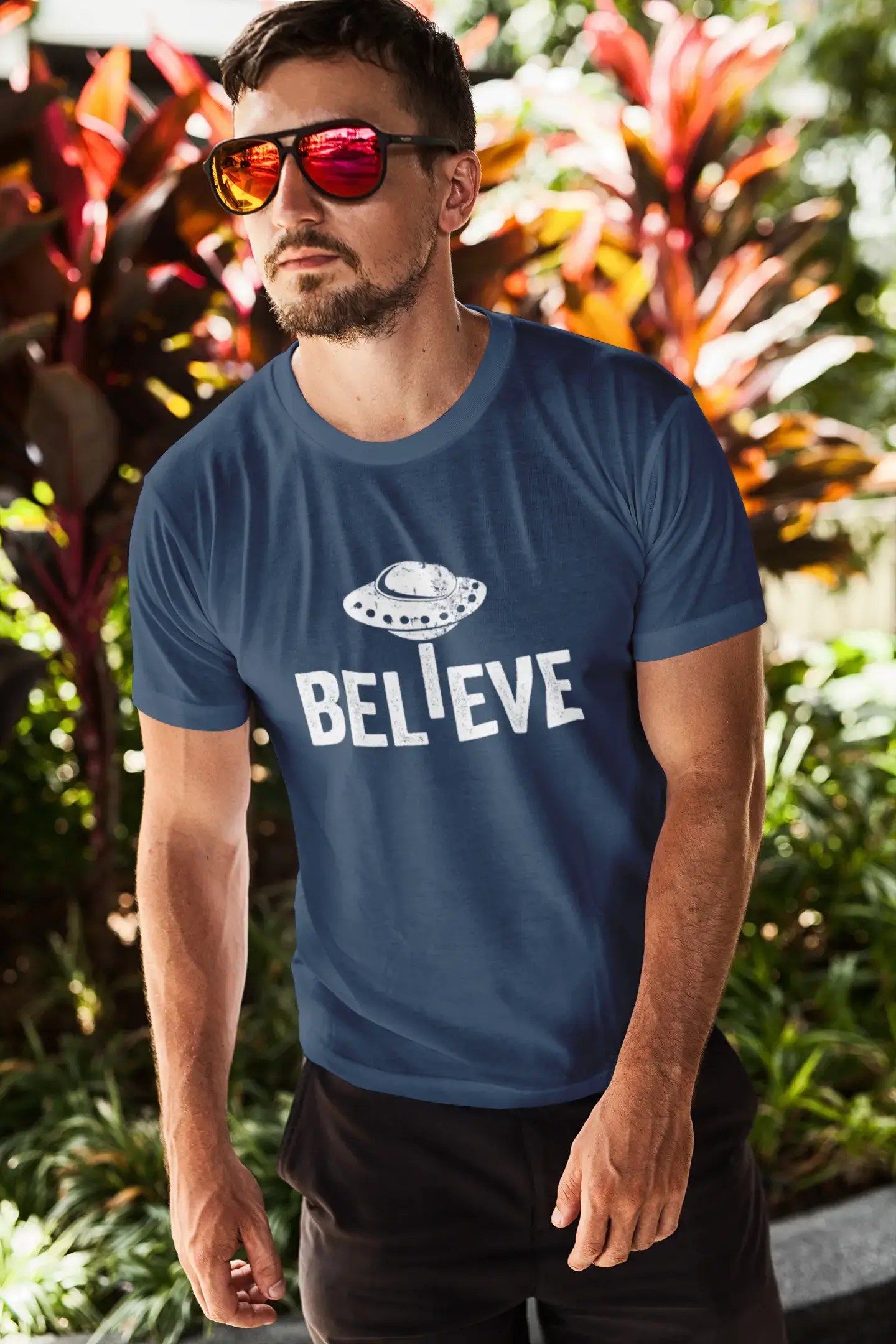 ULTRABASIC - Graphic Men's Believe UFO Alien T-Shirt Funny Casual Letter Print Tee French Navy