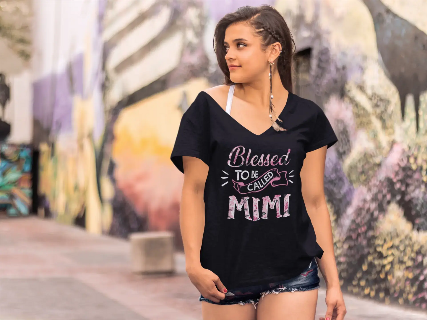 ULTRABASIC Women's V-Neck T-Shirt Blessed to be Called Mimi - Nana Gram Granny Grandmother Tee Shirt