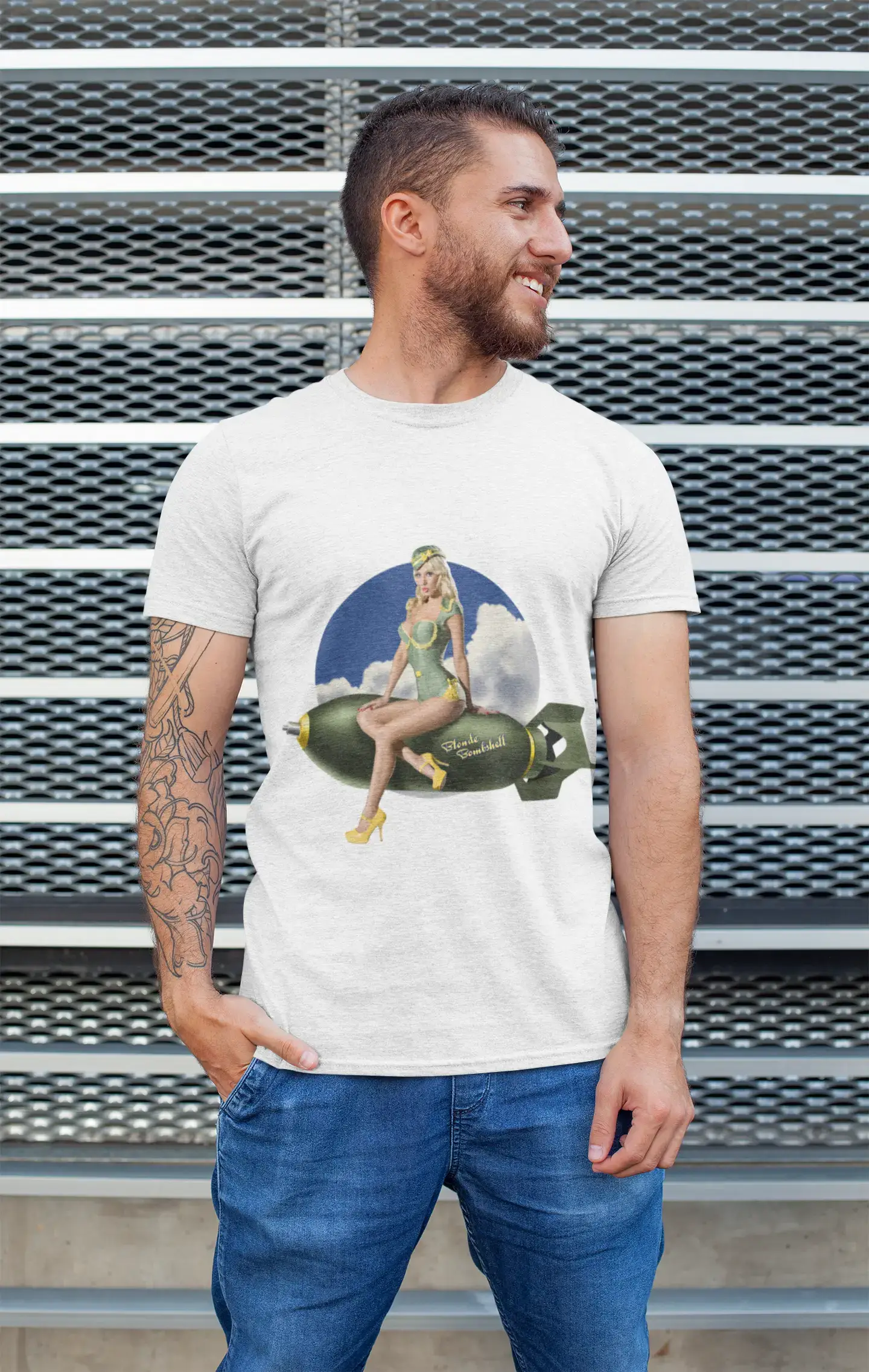 Army pin-up fly Blonde bombshell, Men's White tee, 100% Cotton 00211