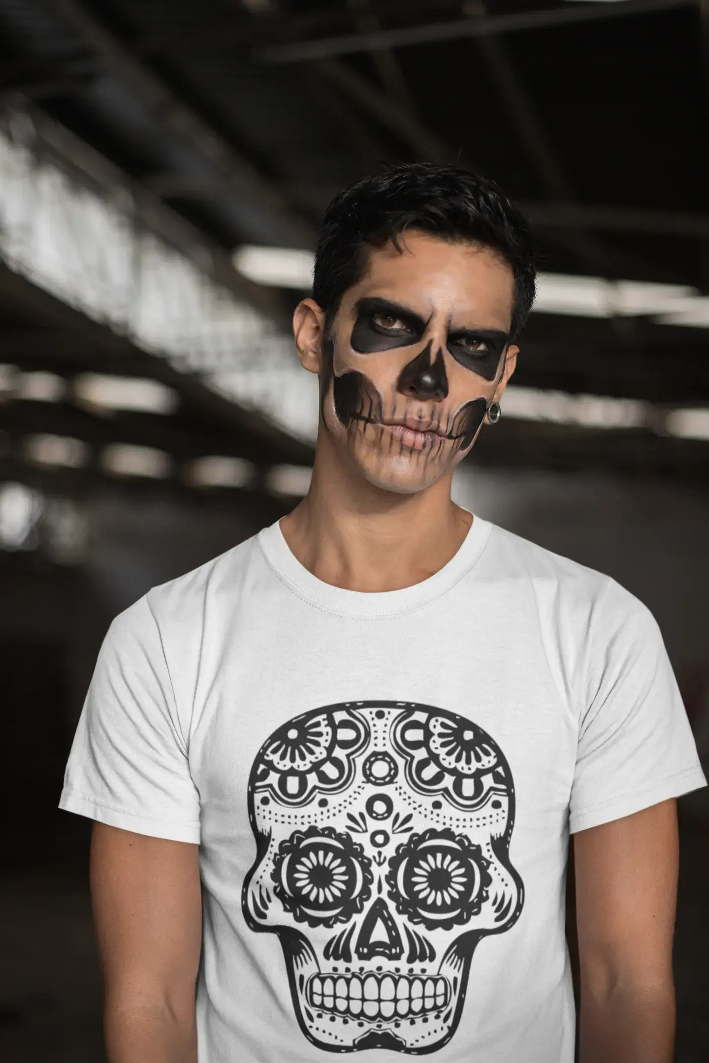 Day of the dead skull black and white 1, Men's White tee, 100% Cotton 00187