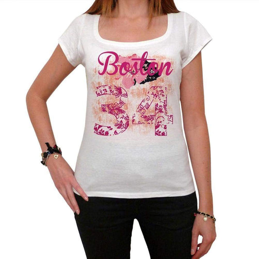 34 Boston City With Number Womens Short Sleeve Round White T-Shirt 00008 - Casual