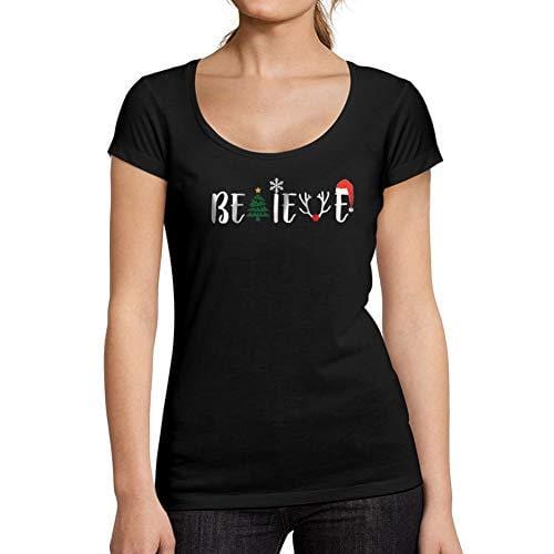 Ultrabasic - Tee-Shirt Femme col Rond Décolleté Noël Croyez Arbre T-Shirt Idées Cadeaux de Noël Noir Profond