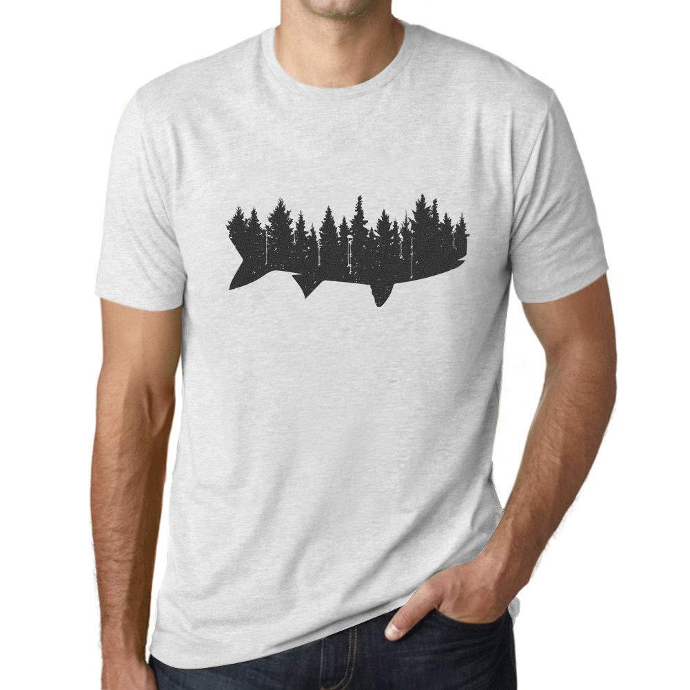 Ultrabasic - Homme T-Shirt Graphique Poisson et Forêt Blanc Chiné