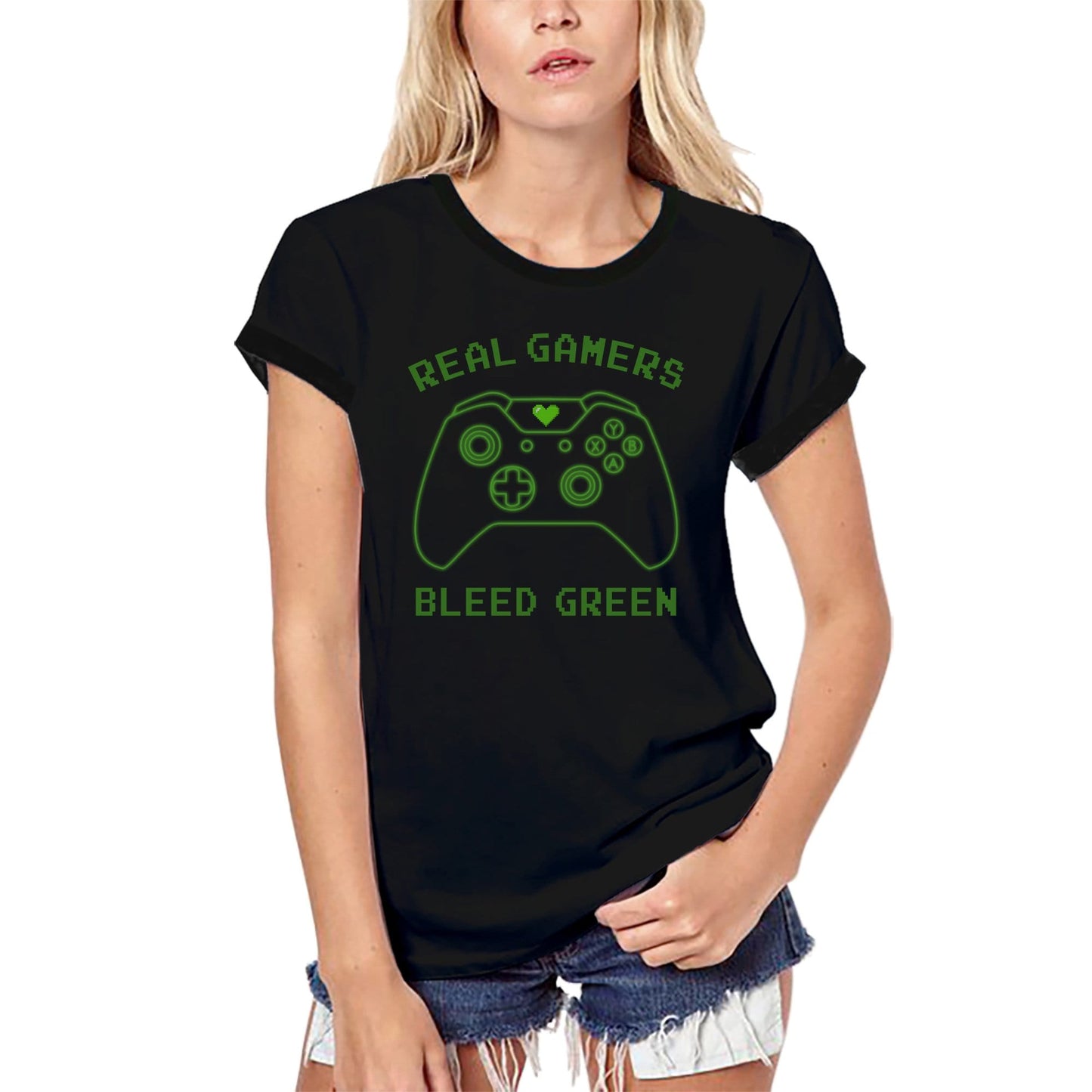 ULTRABASIC Women's Organic Gaming T-Shirt Real Gamers Bleed Green - Funny Joke Humor Tee Shirt for Ladies