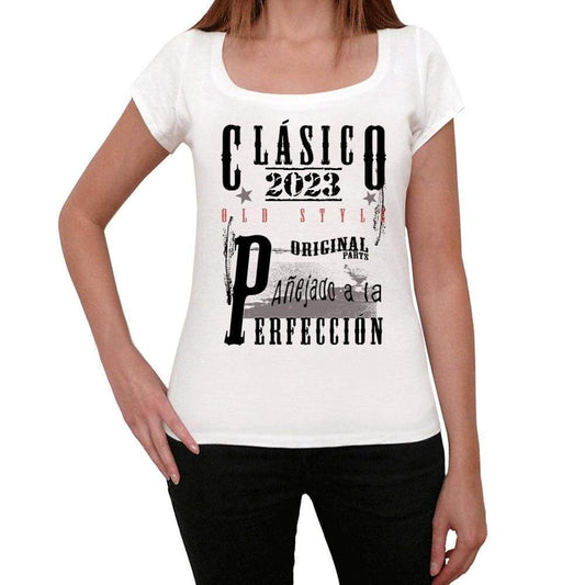 Aged To Perfection, Spanish, 2023, White, Women's Short Sleeve Round Neck T-shirt, gift t-shirt 00360 - Ultrabasic