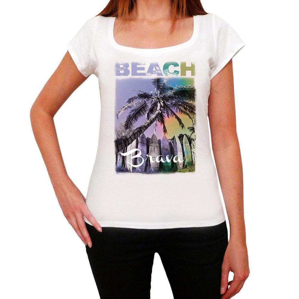 Brava Beach Name Palm White Womens Short Sleeve Round Neck T-Shirt 00287 - White / Xs - Casual