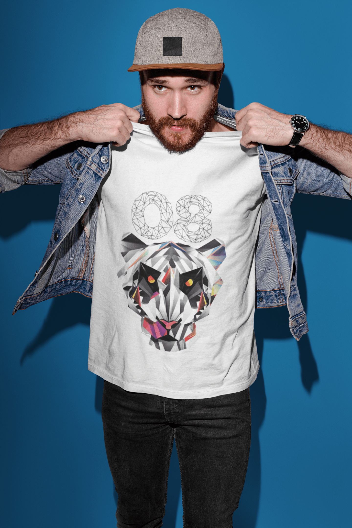 Geometric Tiger Number 08, White, Men's Short Sleeve Round Neck T-shirt 00282