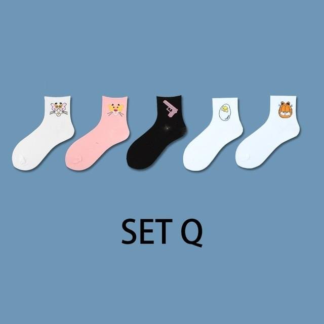 Ins Style Funny Animal Patterned Women Short Set Socks 5 Pairs Cartoon Ulzzang Cotton Ankle Breathable Female Harajuku Cool Sox