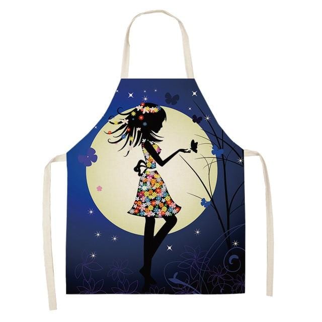 1Pcs Cotton Linen Flower Butterfly Girl Printed Kitchen Aprons for Women Home Cooking Baking Waist Bib Pinafore 53*65cm WQ0034