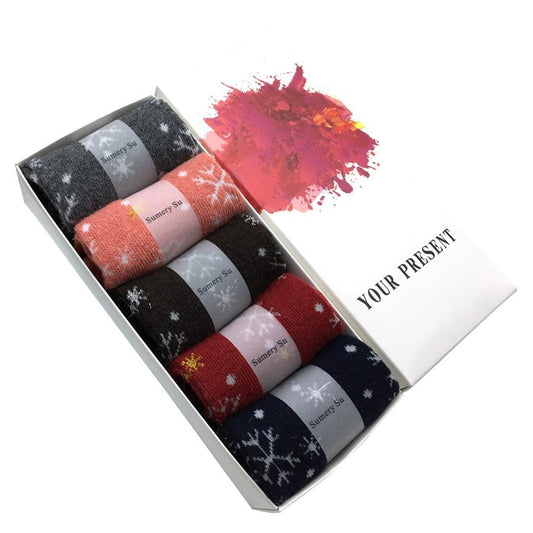 5 Pairs/Lot Wool Socks Women Winter Snow Flower Pattern Cashmere Warm Socks Ladies Girls Christmas Gift