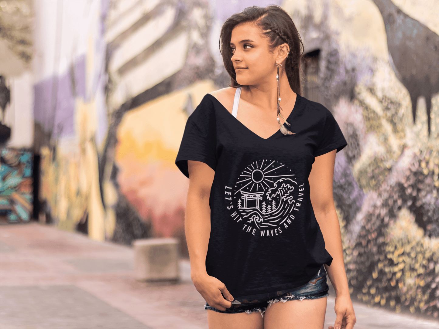 ULTRABASIC Women's Adventure T-Shirt - Let's hit the Waves and Travel - Surfing T Shirt Black